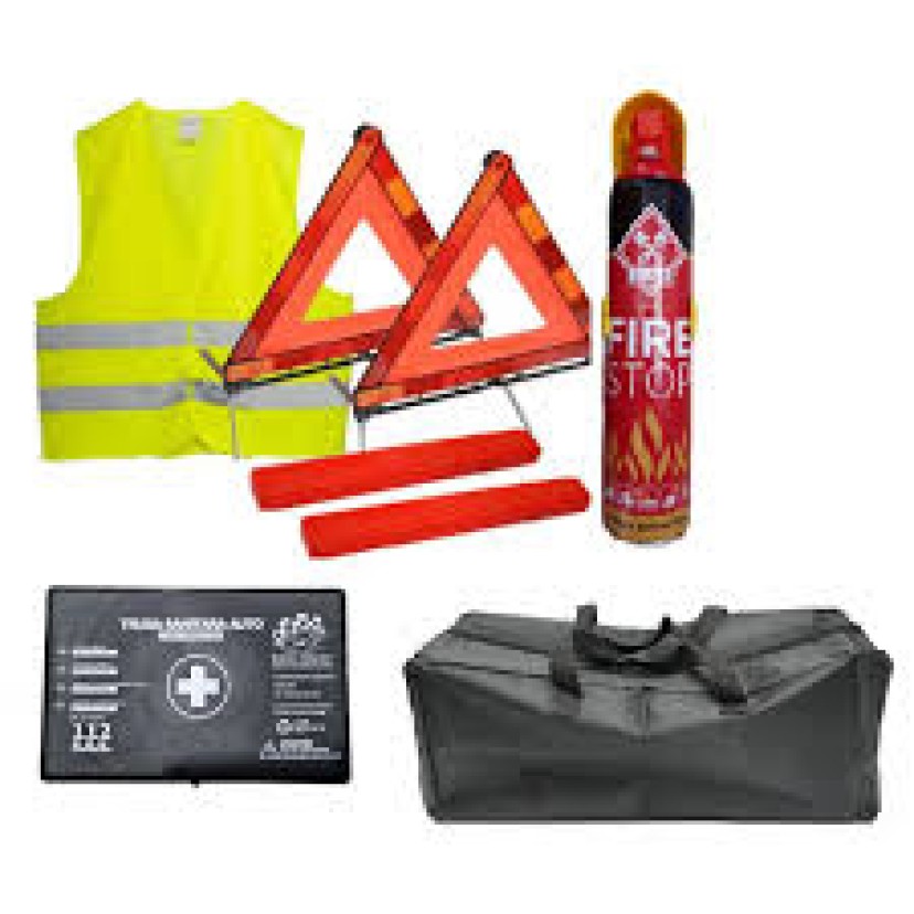 Kit siguranta auto omologat format din Trusa medicala, Stingator 1 Kg cu manometru, 2 x Triunghi reflectorizant, Vesta reflectorizanta, Geanta depozitare